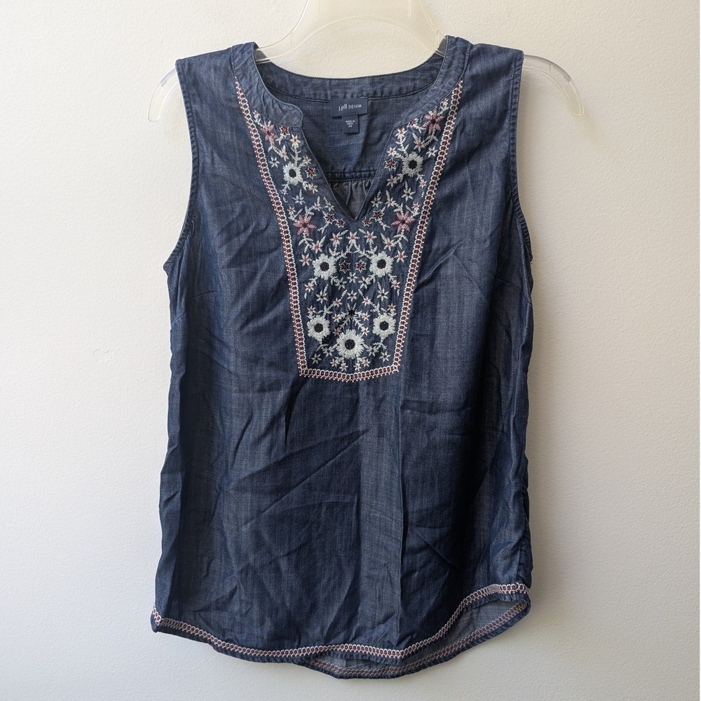 J. Jill Denim Tank Top Blue Embroidered Floral Sleeveless XS Boho Chambray